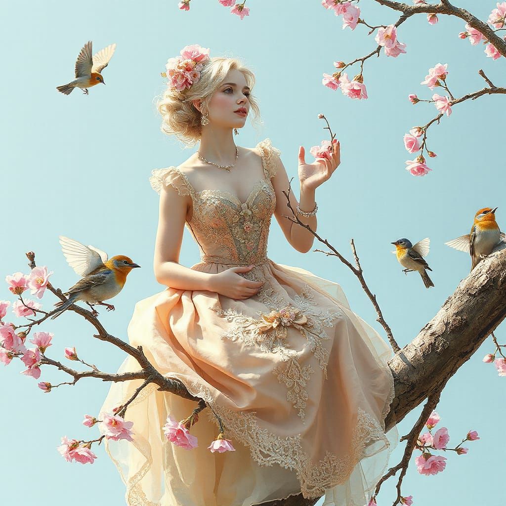 Elegant Woman on Flowering Branch in Rococo Dress