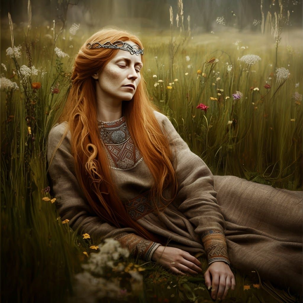 Iron Age Latvian Woman in Sun-Drenched Meadow
