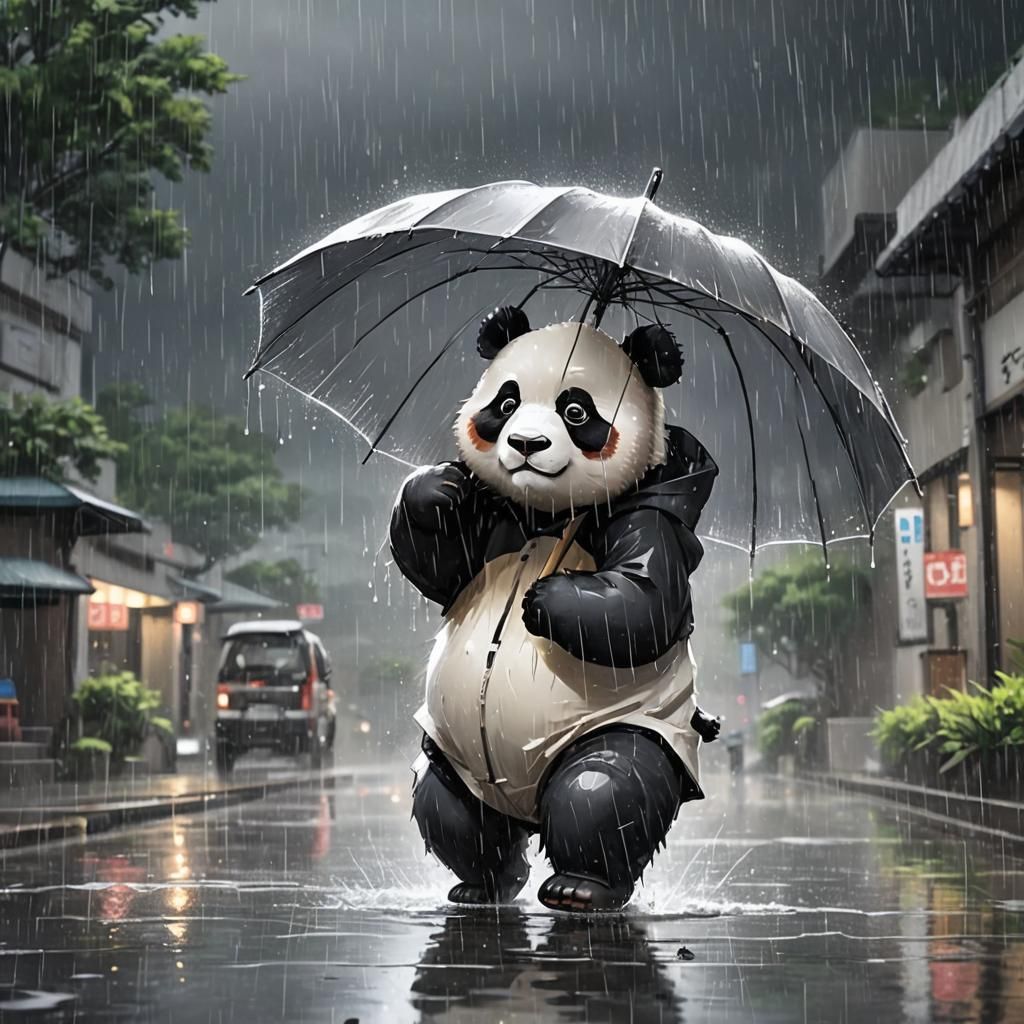 Panda in Rainy Anime Style