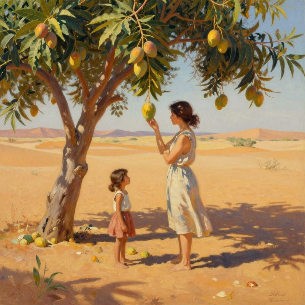 Desert Oasis: Woman and Girl Share Last Mango