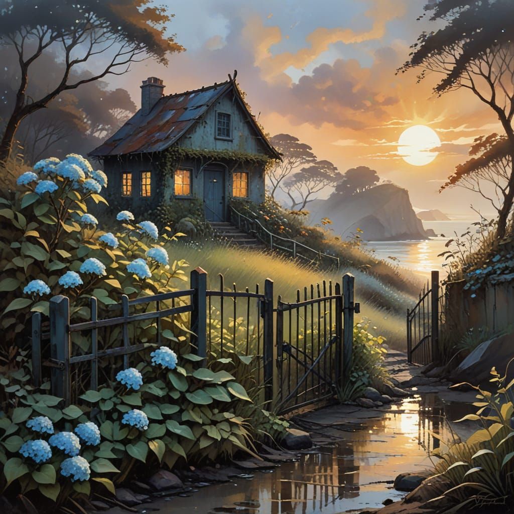 Ethereal Seaside Cottage at Sunset, Gouache Painting