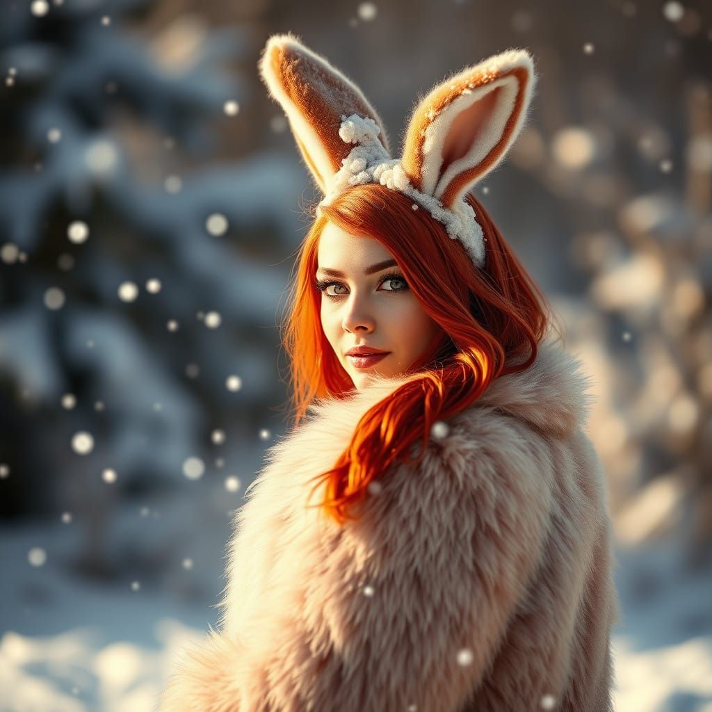 Sensual Red-Haired Playboy Bunny in Snowy Luxury