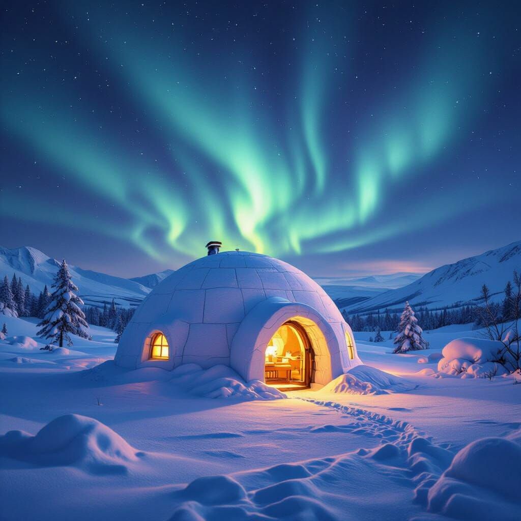 Hyperrealistic Igloo Under Aurora Borealis