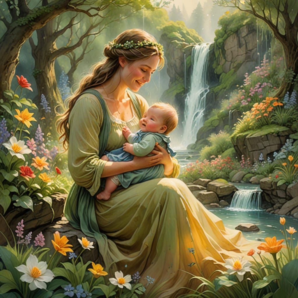 Lush Waterfall Nurtures Mother and Child: Watercolor Art