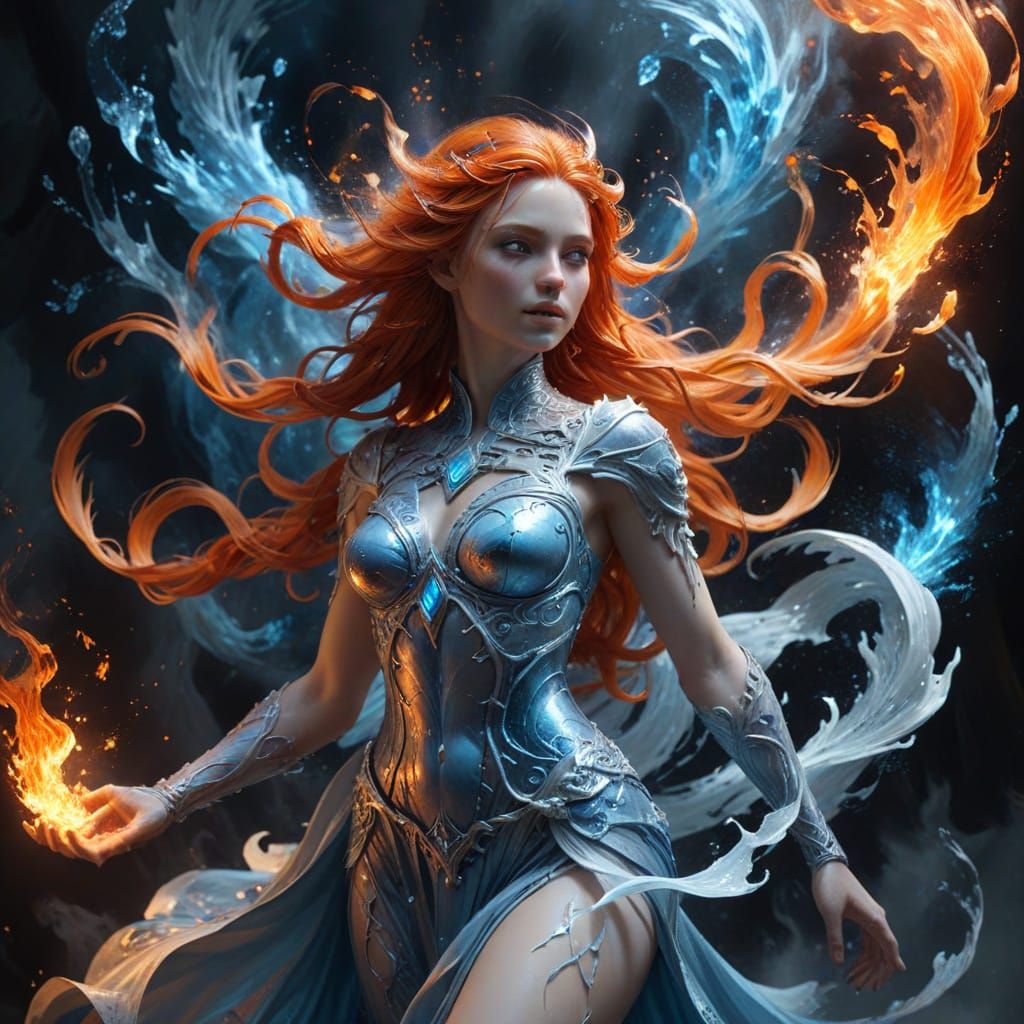 Goddess of Ice and Fire in Dramatic Oil Painting Style