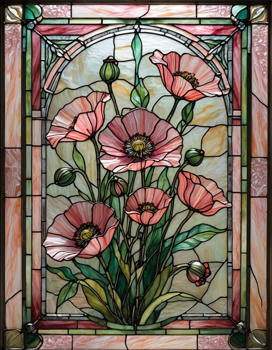 Pink Poppy Anemone in Stained Glass Art