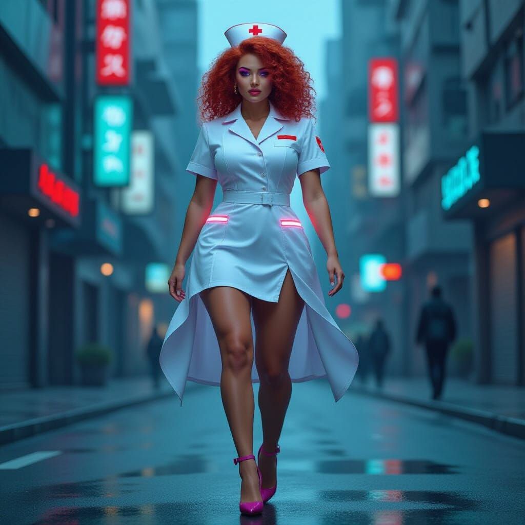 Cyberpunk Nurse Strides Through Neon Cityscape
