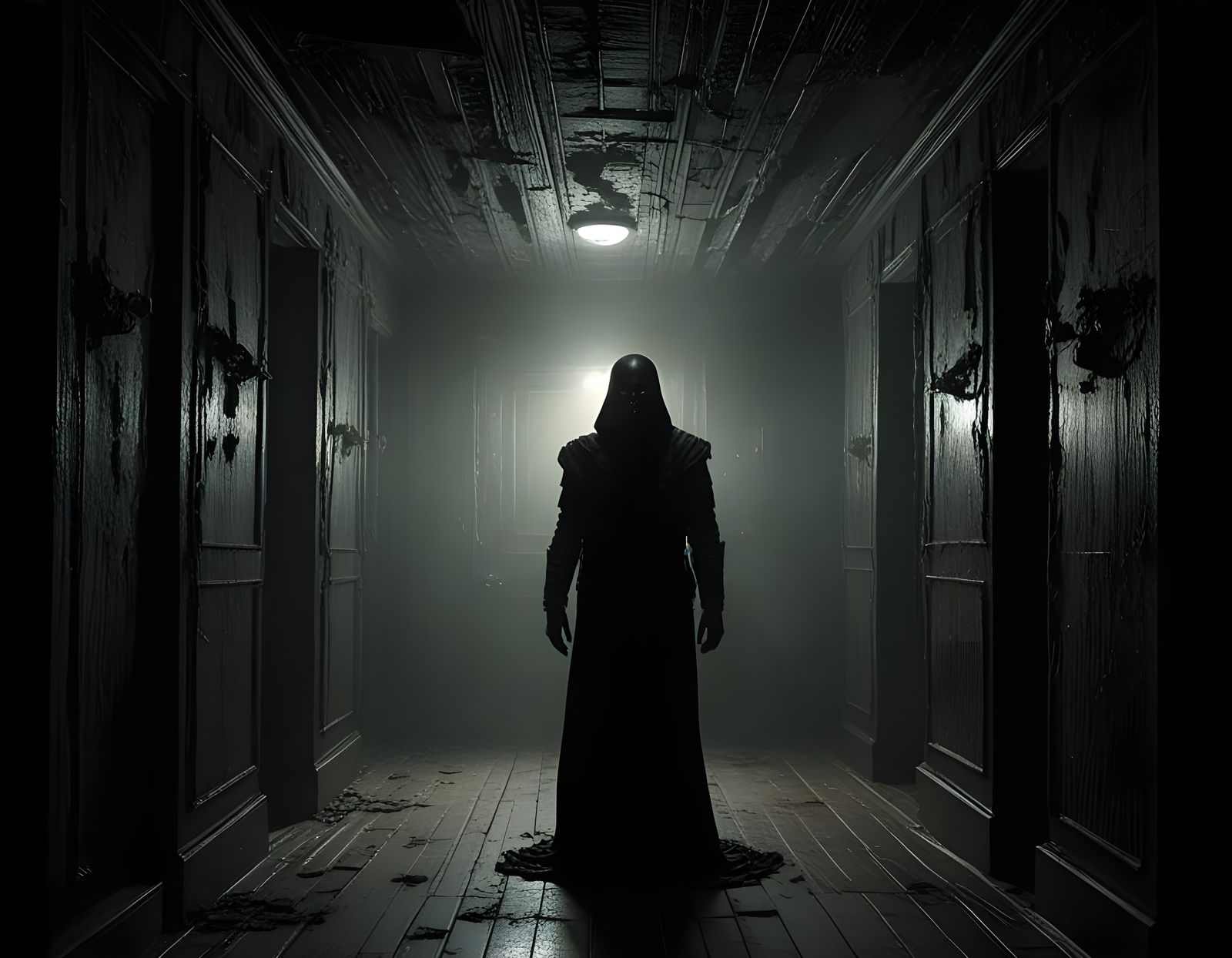 Eerie Dark Corridor in Abandoned Hotel: 3D Illustration