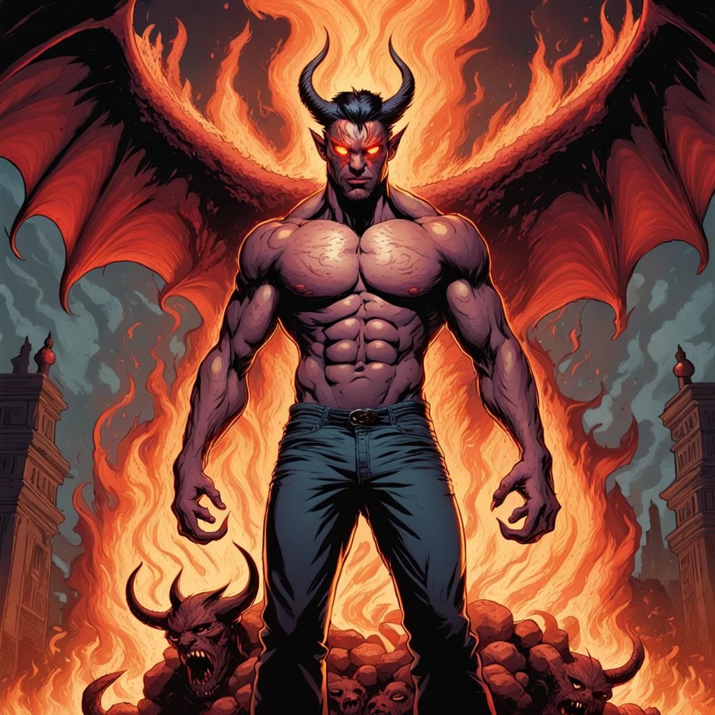 Fiery-Eyed Bodybuilder Confronts Demons: Comic Book Art