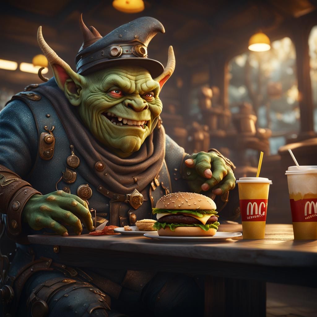 Fantasy Goblin Eats Burger, Detailed Matte Painting