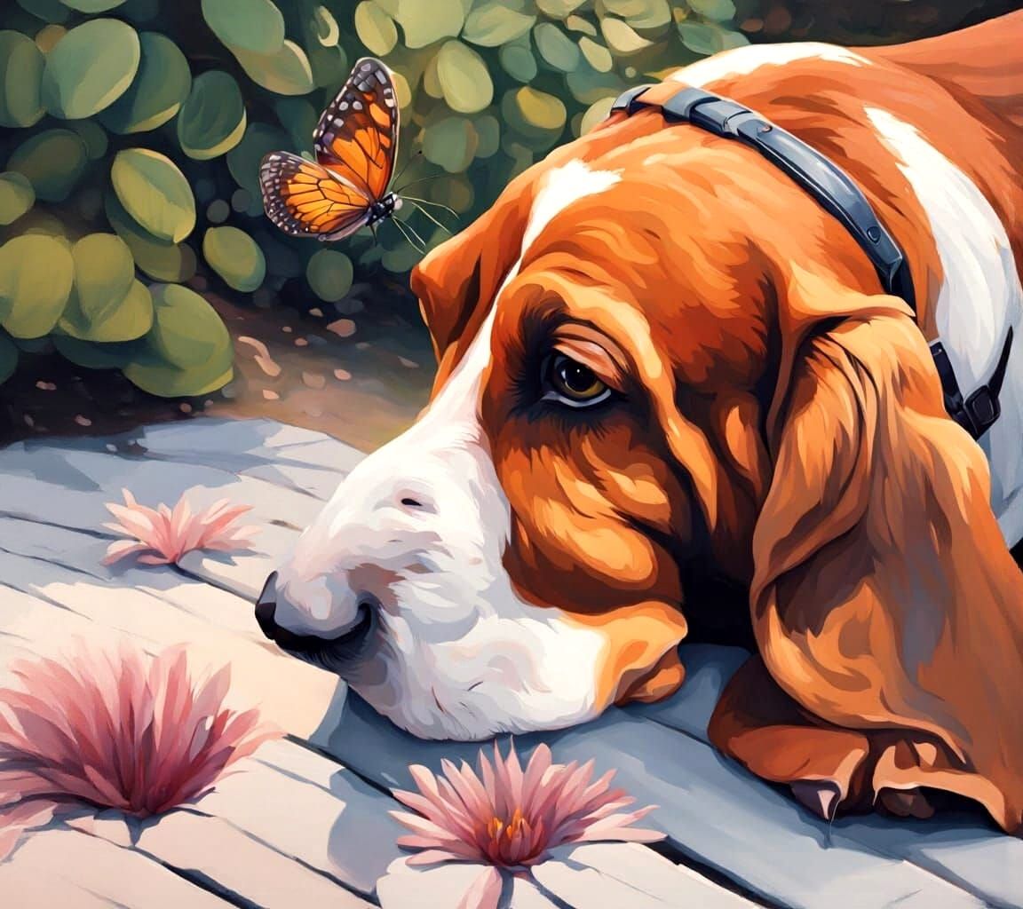 Cute Basset Hound with Butterfly Gouache Painting