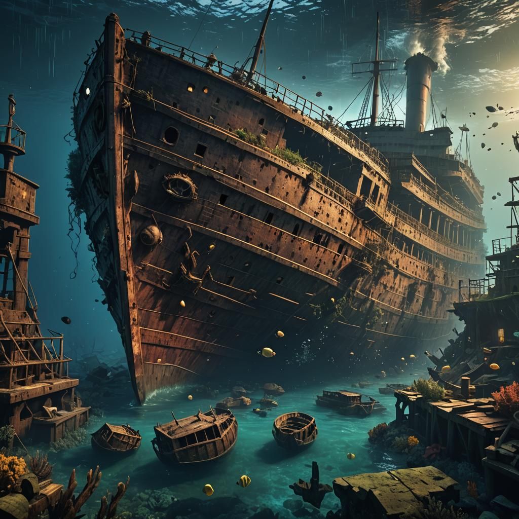 Titanic Shipwreck: Detailed Matte Painting in Deep Color