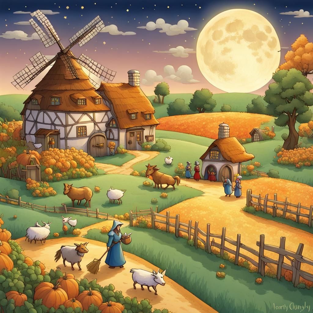 Enchanted Medieval Farm Under Harvest Moon Illustration