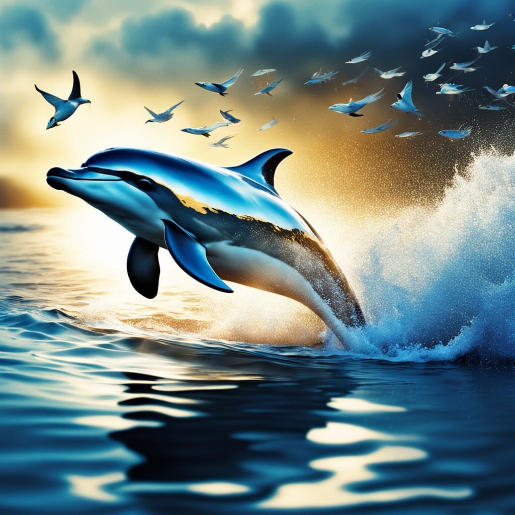Golden Dolphin Diving Through Sparkling Waves