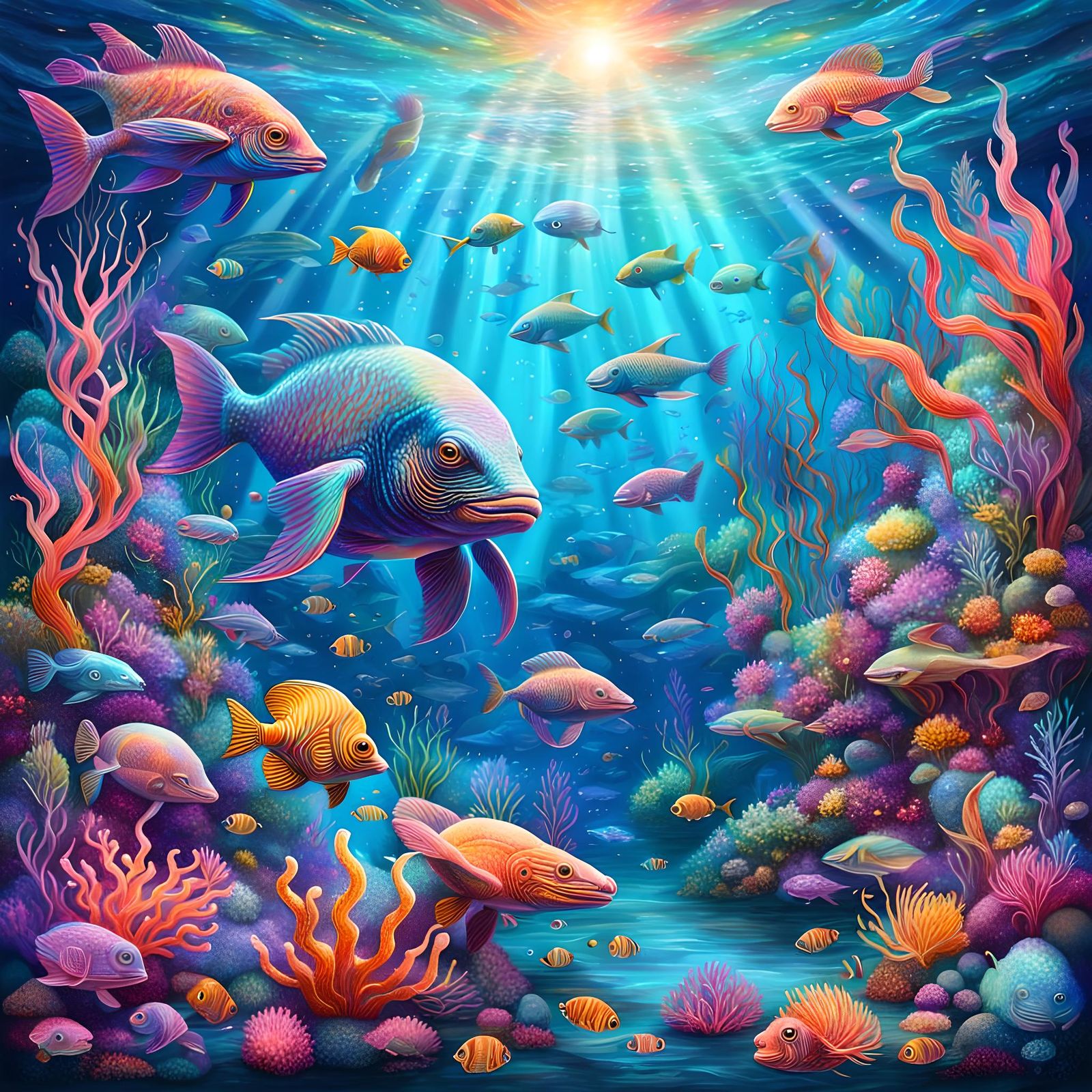 Iridiscent Underwater Scene with Sea Creatures