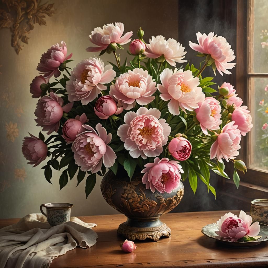 Peonies in Antique Vase: Dramatic Still Life