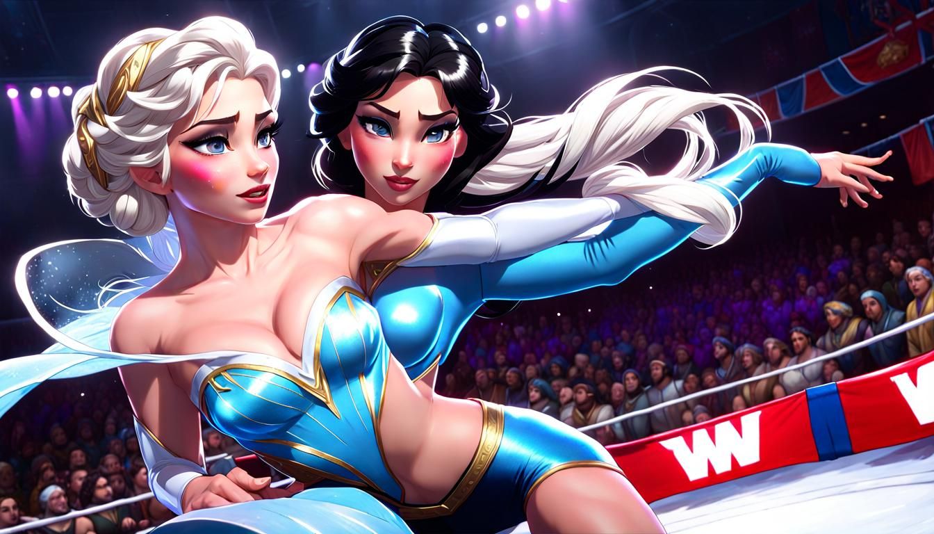 Having pulled off her hair extensions , Snow White wrestles Elsa to the floor