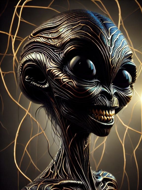 Ethereal Alien Goddess in a Dark, Golden-Hued Atmosphere