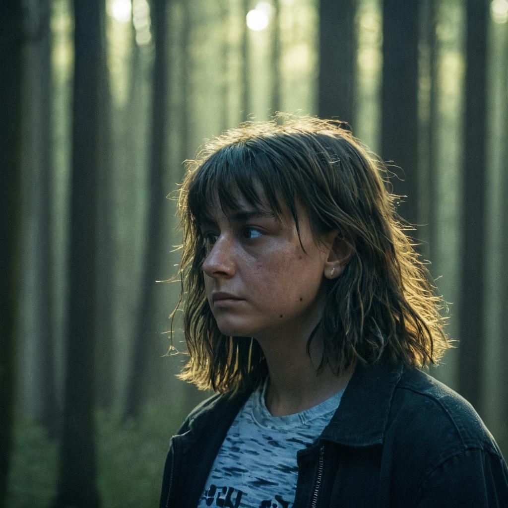 Sad Young Woman in Atmospheric Forest: Cinematic Film Still