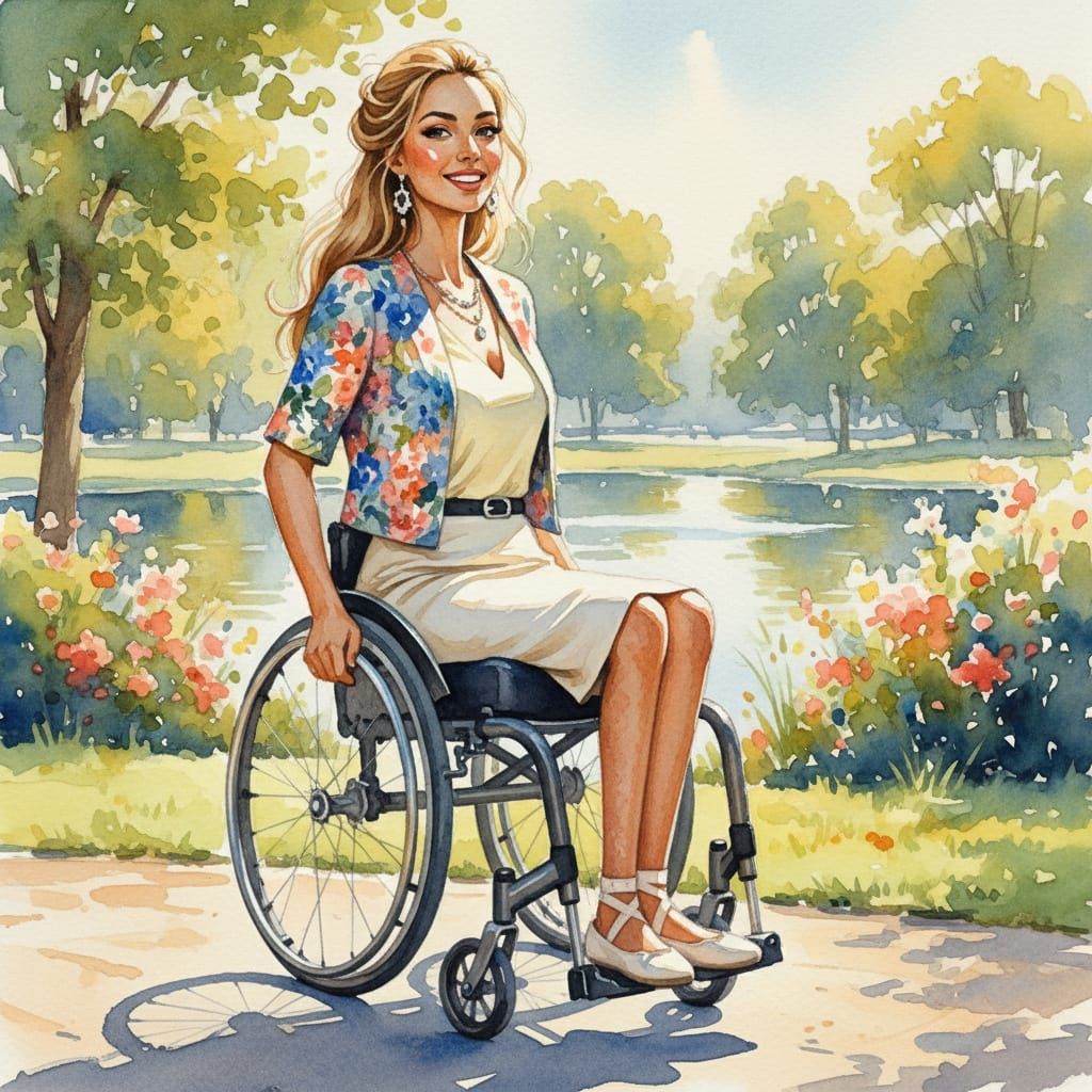 Paraplegic Girl Smiling in Park Watercolor Painting