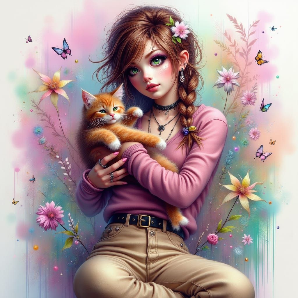 Modern Woman Hugging Cat, Inspired by Hockney & WLOP