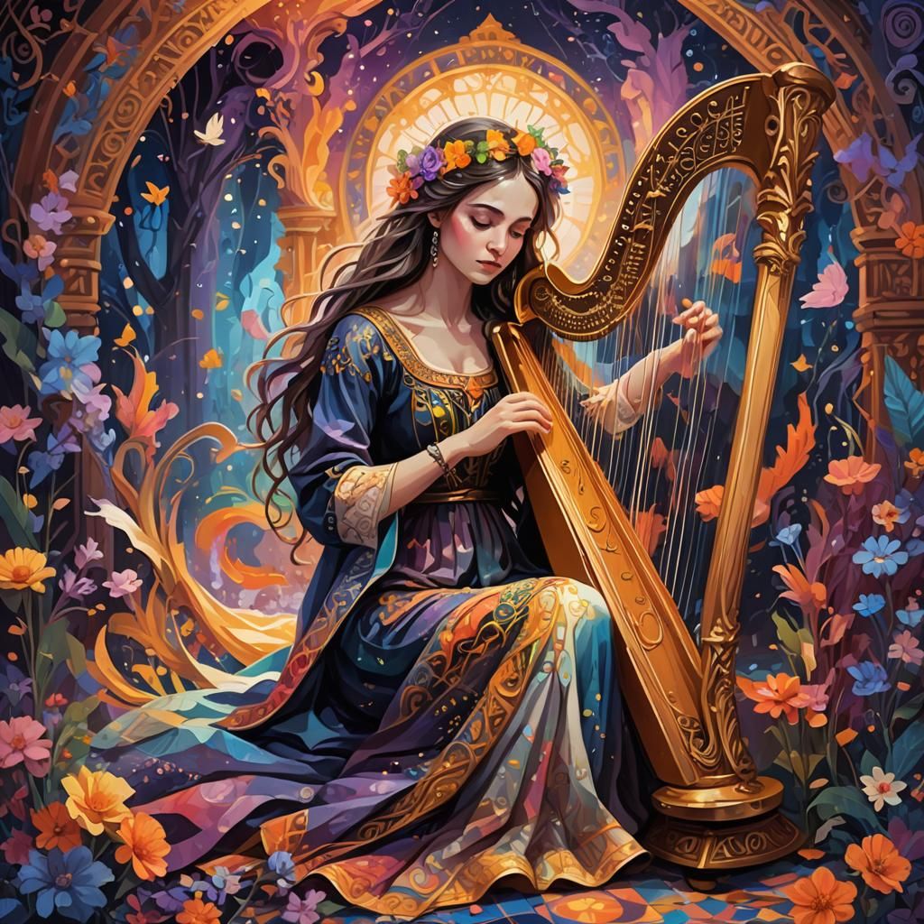 Eloquent Harpist on Colorful Stage, Hyperdetailed Art
