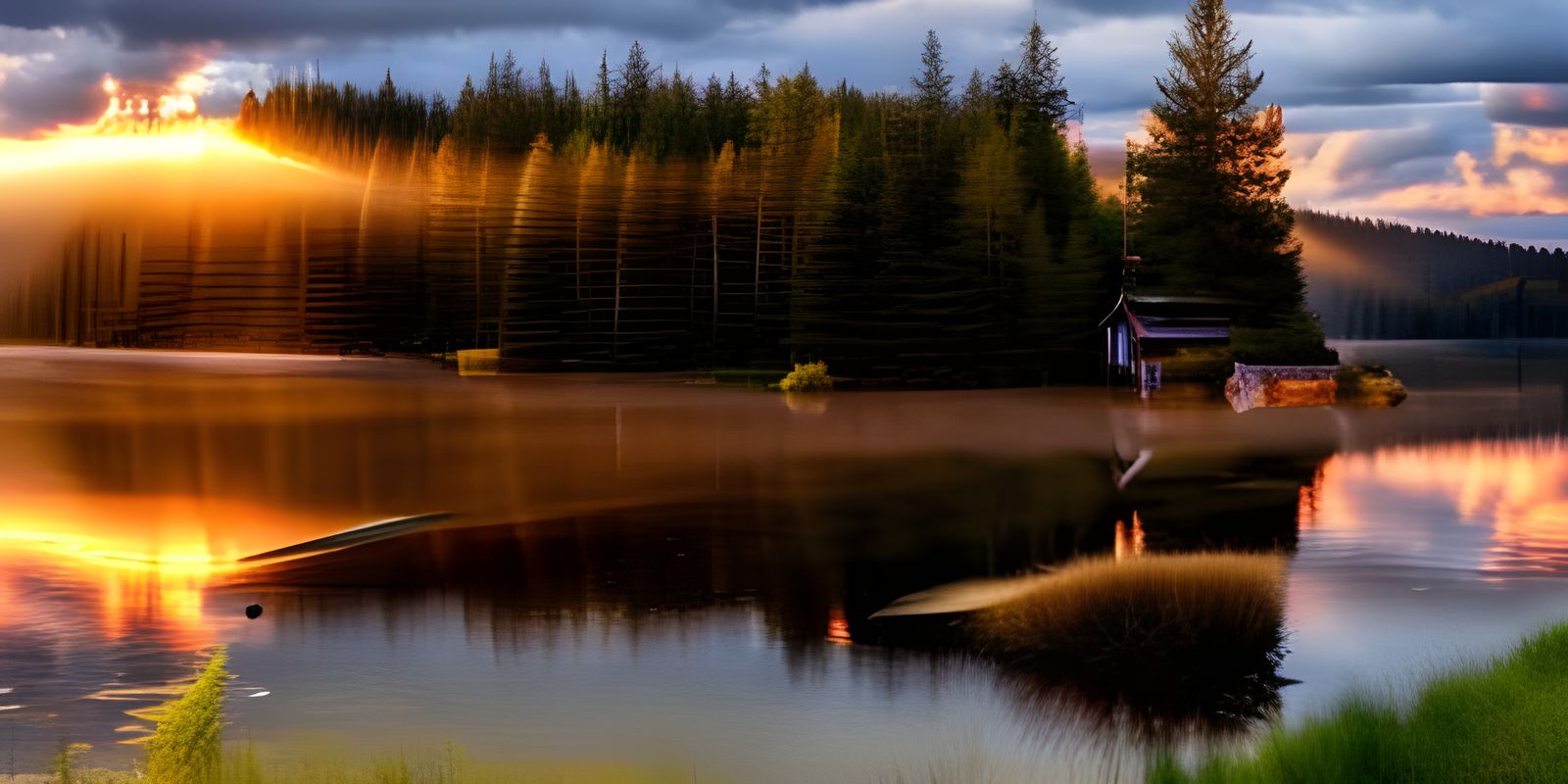 Cabin Beside Lake in Sunrise Light, Hyperrealism