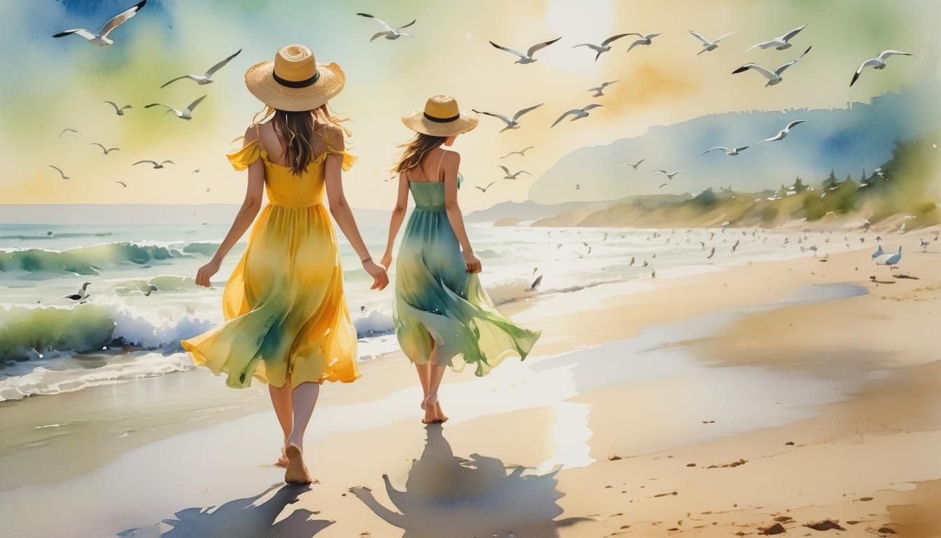 Vibrant Watercolor Beach Scene with Whimsical Brushstrokes i...