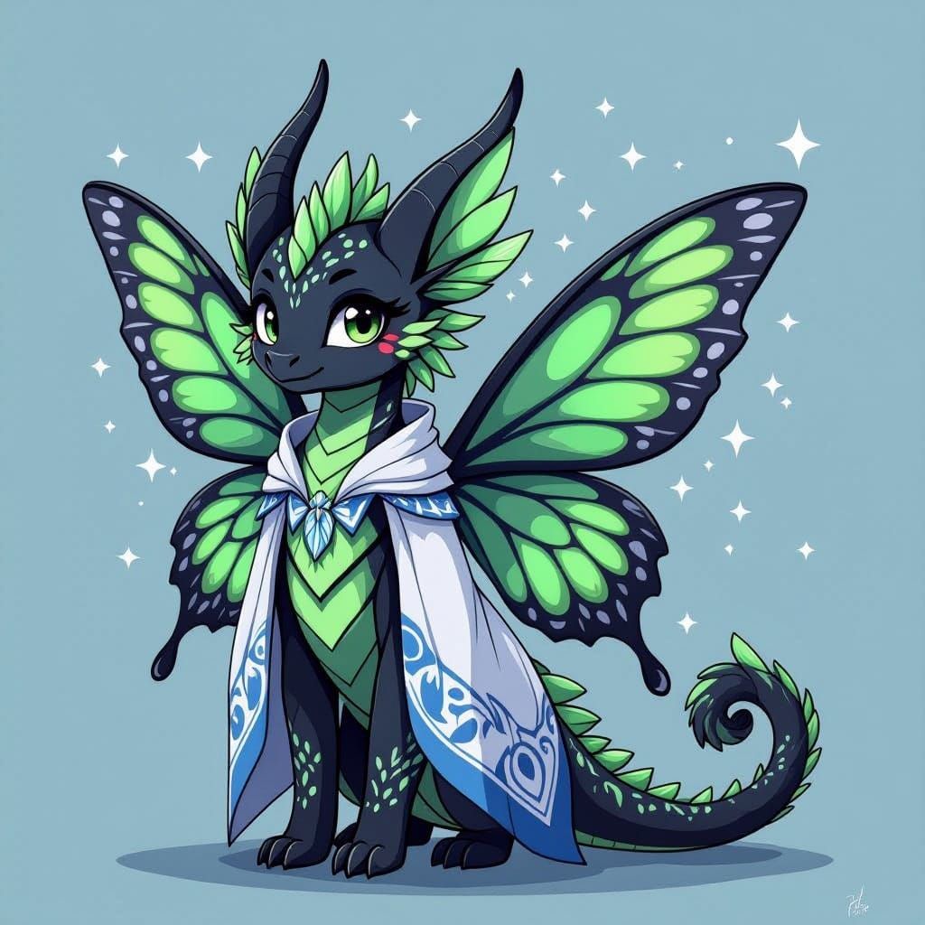 Cute Fairy-Dragon With Butterfly Wings and Snow Leopard Tail