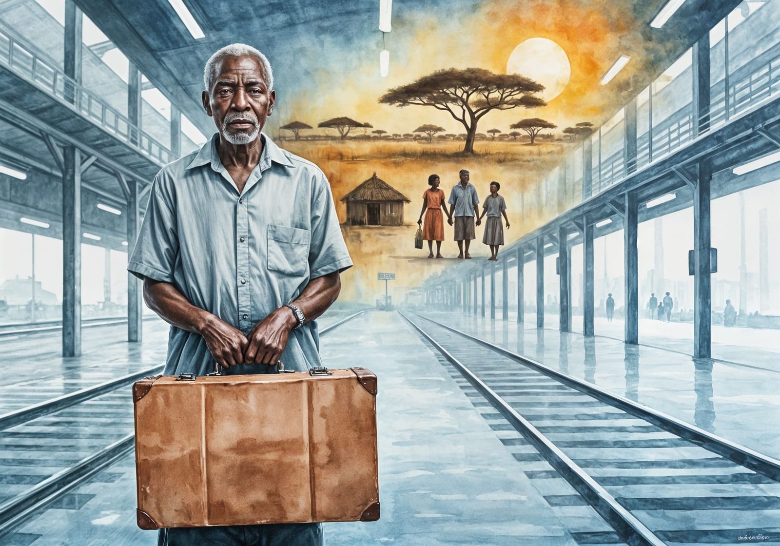 Nostalgic Watercolor of Man Longing for Home