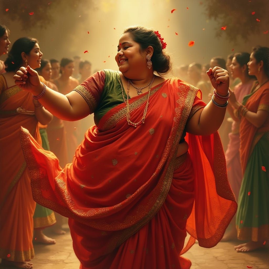 Joyful Chubby Aunt Dancing in Red Saree