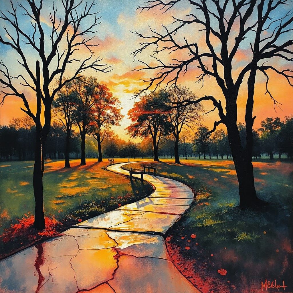 Expressive Parkscape at Sunset with Vibrant Textures