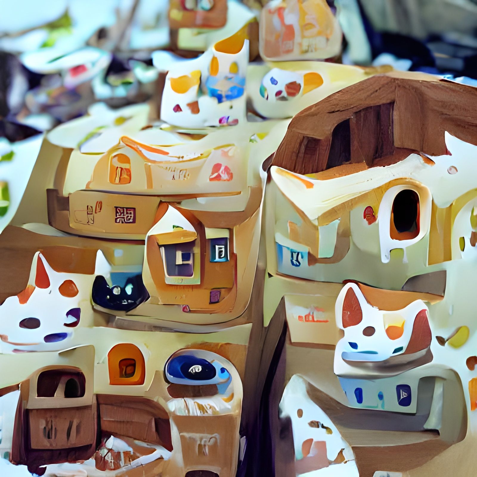 Detailed Gouache Painting of Cats and Cat Houses