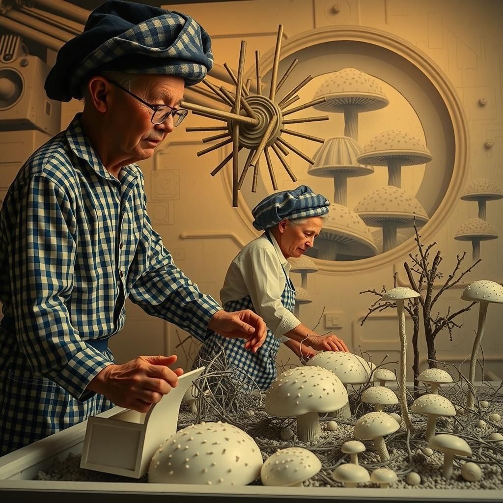 Norwegian Porcelain Workers Tending Giant Mushrooms