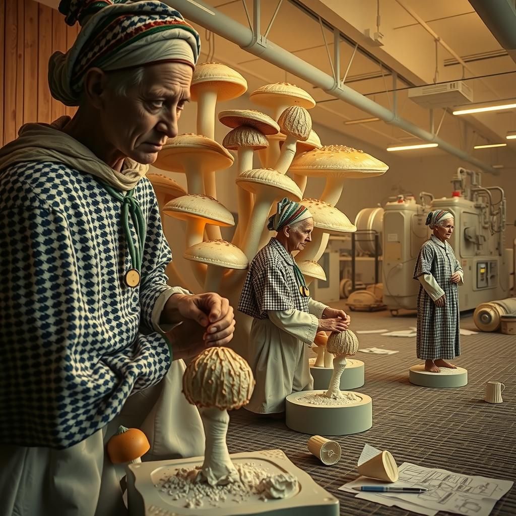 Elderly Porcelain Workers Tend to Glowing Mushrooms in High-...