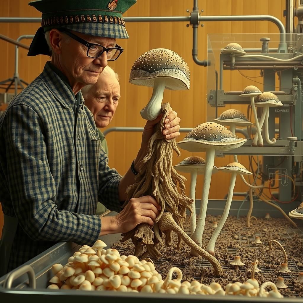 Mushroom Facility with Norwegian Artists in Linocut Style