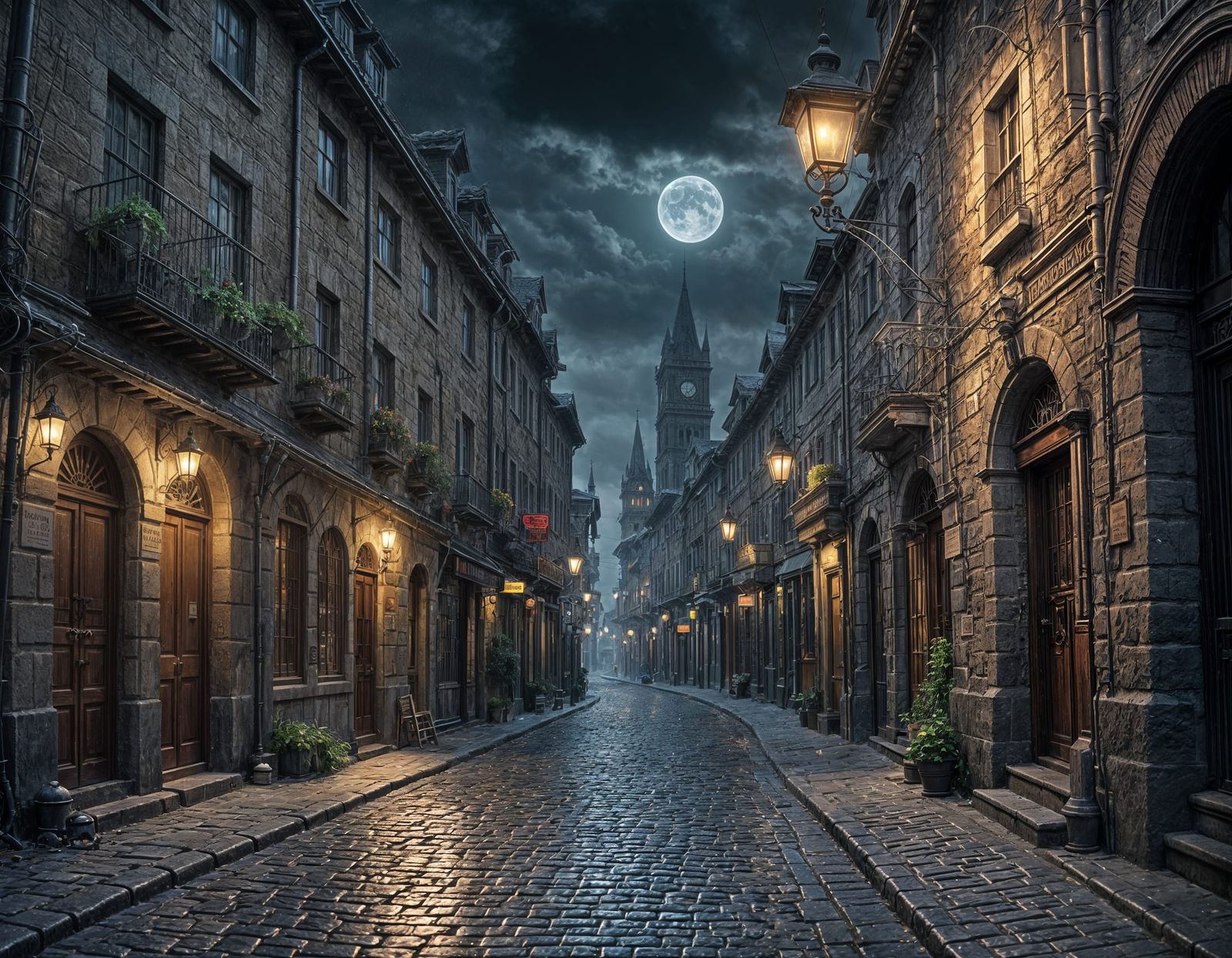 Cobblestone Streets at Night: Detailed Matte Painting