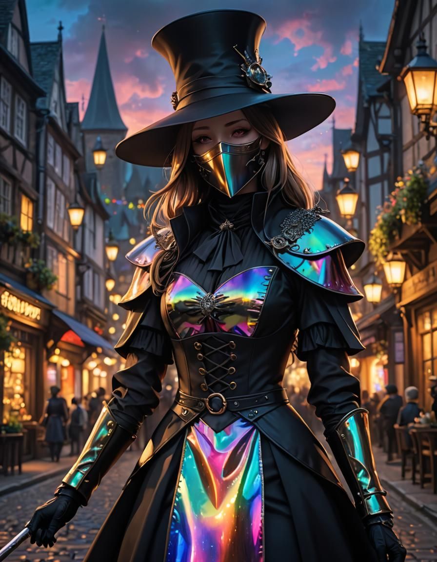 Rainbow Plague Doctor in Medieval London, 3D Anime Art