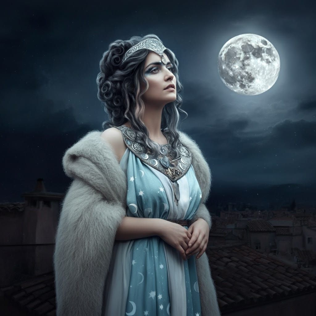 Ethereal Etruscan Goddess Basks in Lunar Glory