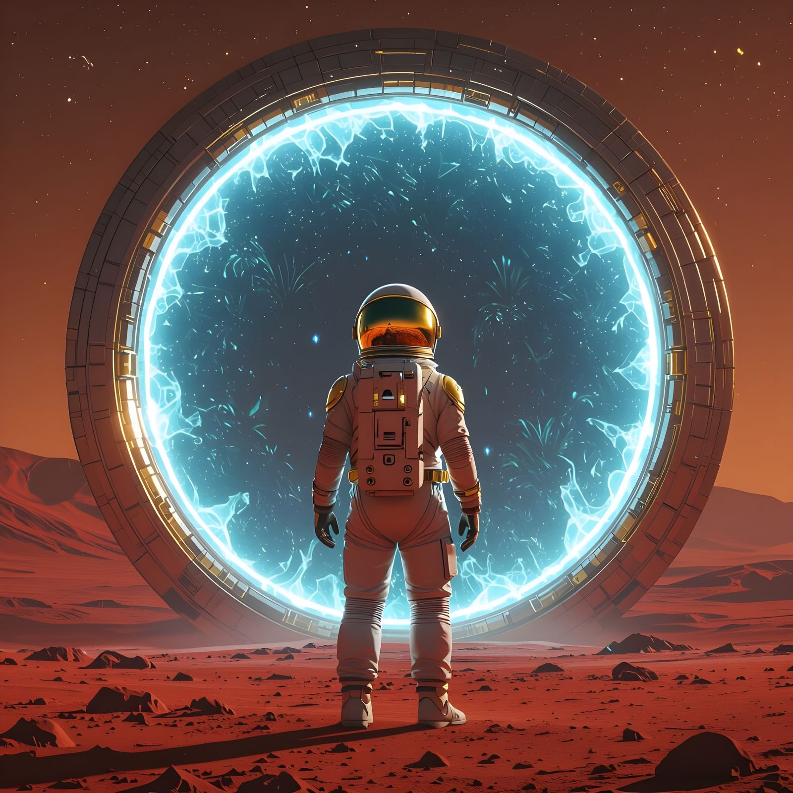 Astronaut and Martian Portal to Alien Jungle