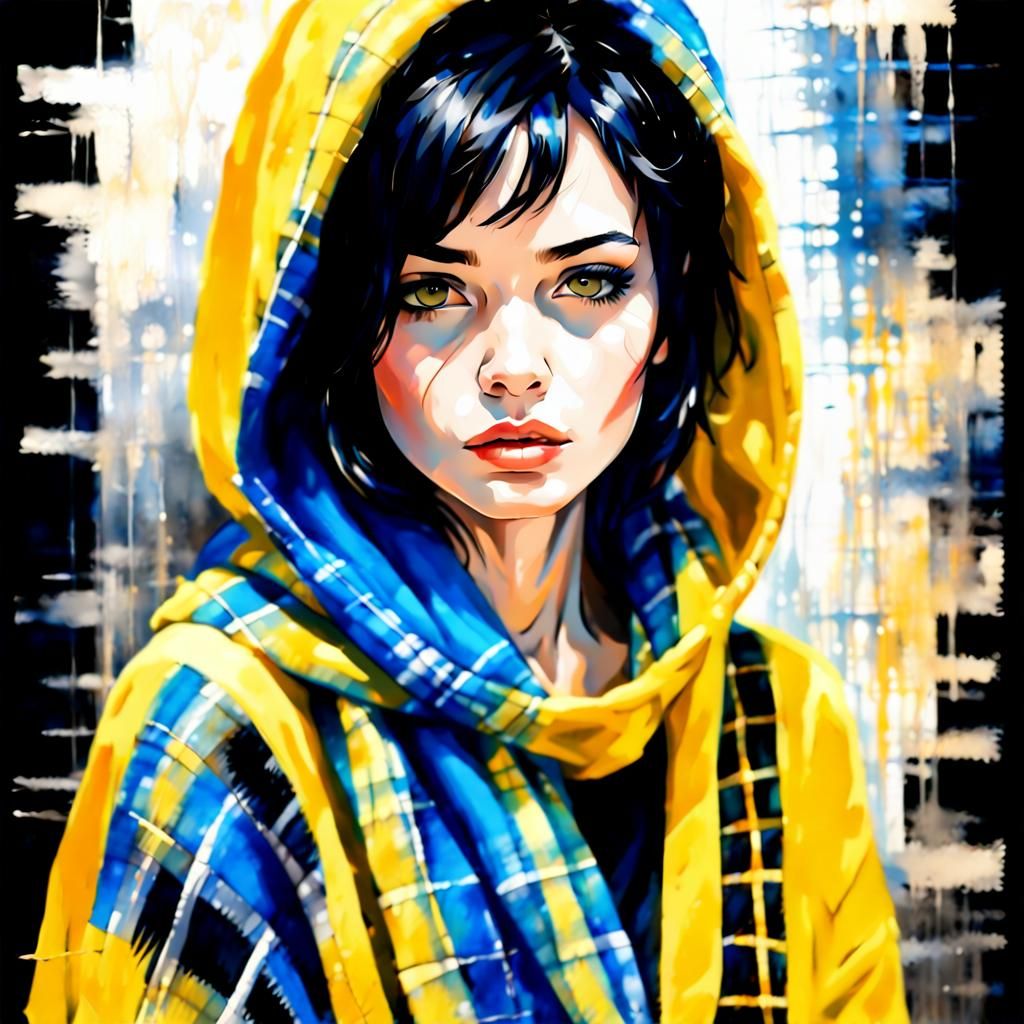Gorgeous Girl in Tartan Hoodie, Oil Painting Style