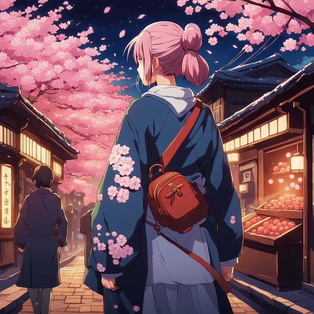 Anime Assassin in Cherry Blossom Night