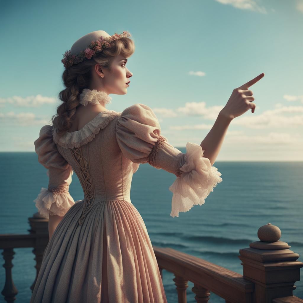 Girl in Victorian Dress Pointing to the Sea