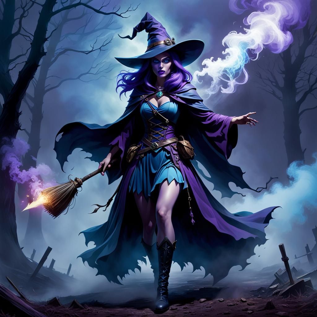 Mysterious Witch in Purple and Blue, Detailed Art