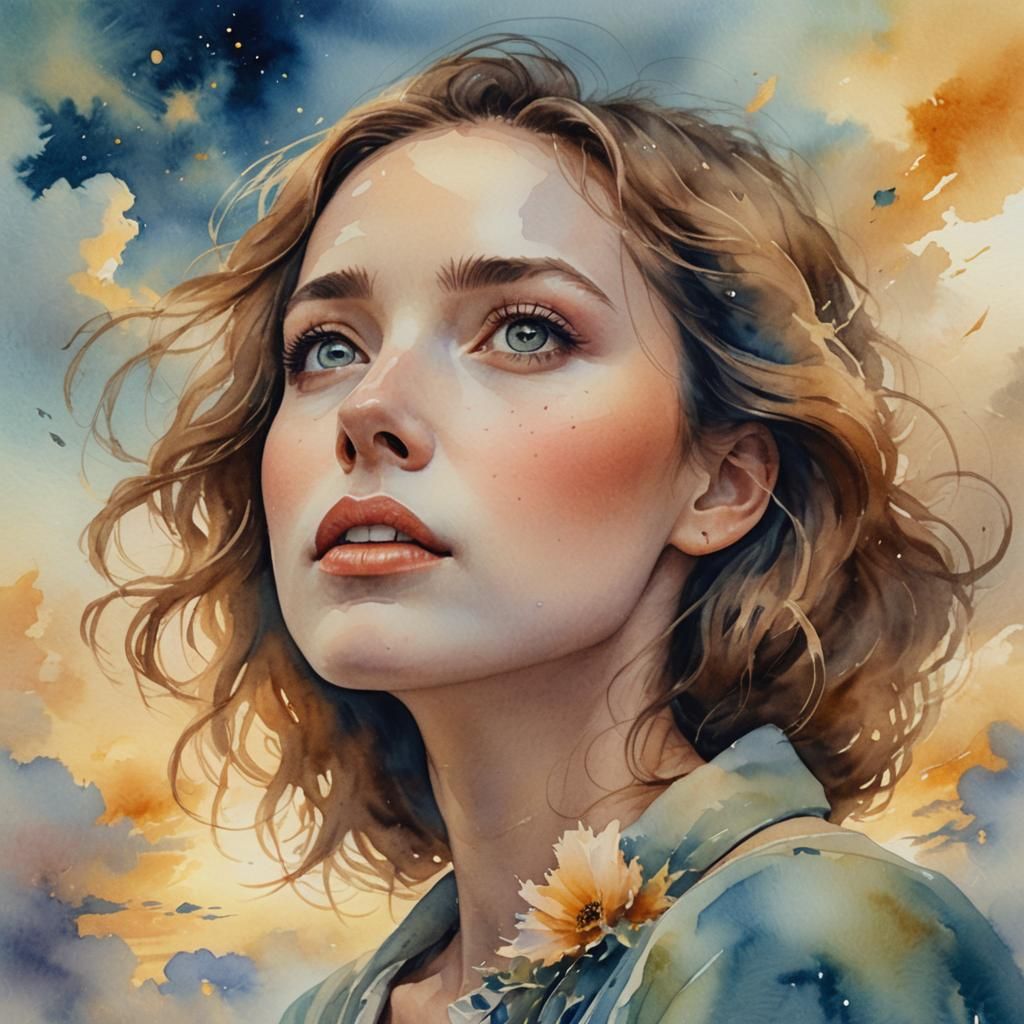 Woman Gazing in Awe: Romantic Surreal Watercolor Portrait