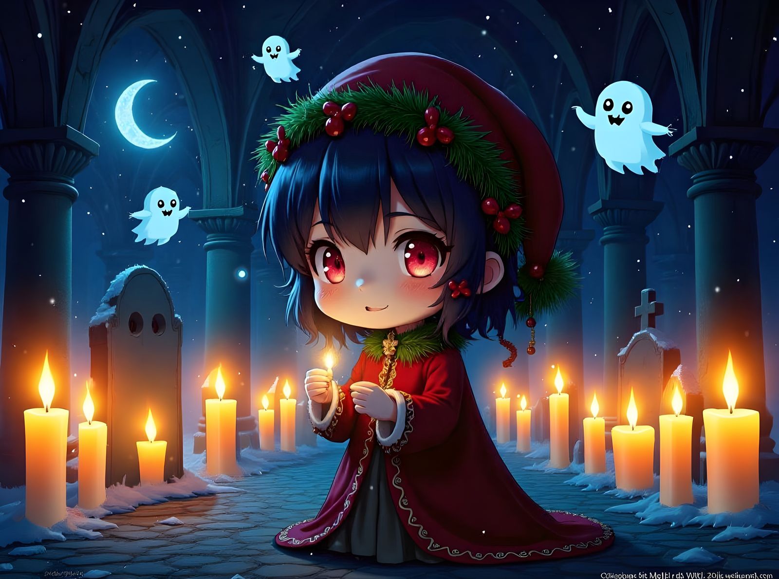 Anime Ghost Girl Decorates Crypt for Christmas