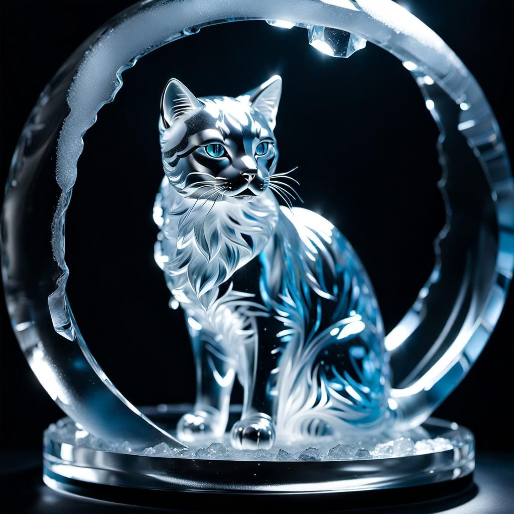 Hyperrealistic Ice Cat Sculpture in Sunlight