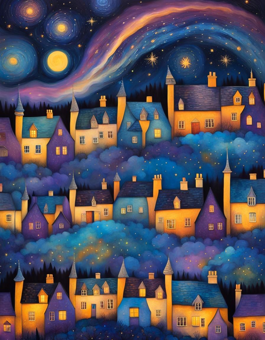 Cotswold Village Under Starry Night, Mixed Media Art