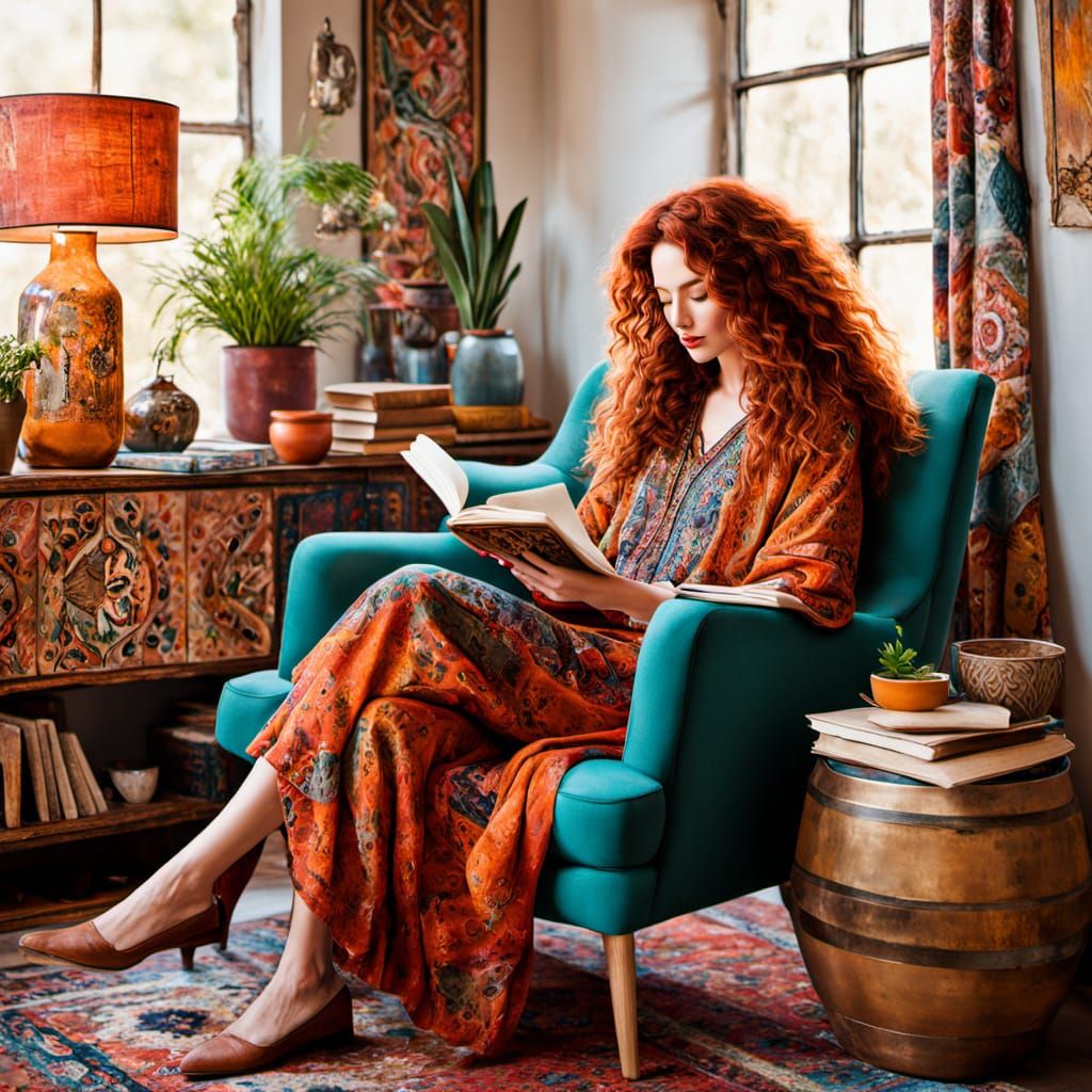 Cozy Boho Family Moment in Vibrant Oil Painting