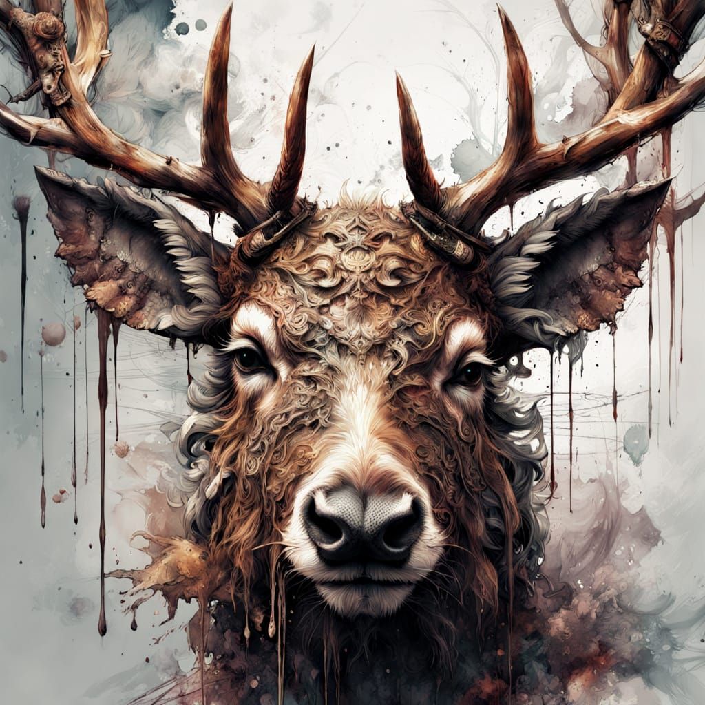 Fierce Demonic Deer-Bear Hybrid in Tribal Tattoo Skin and De...